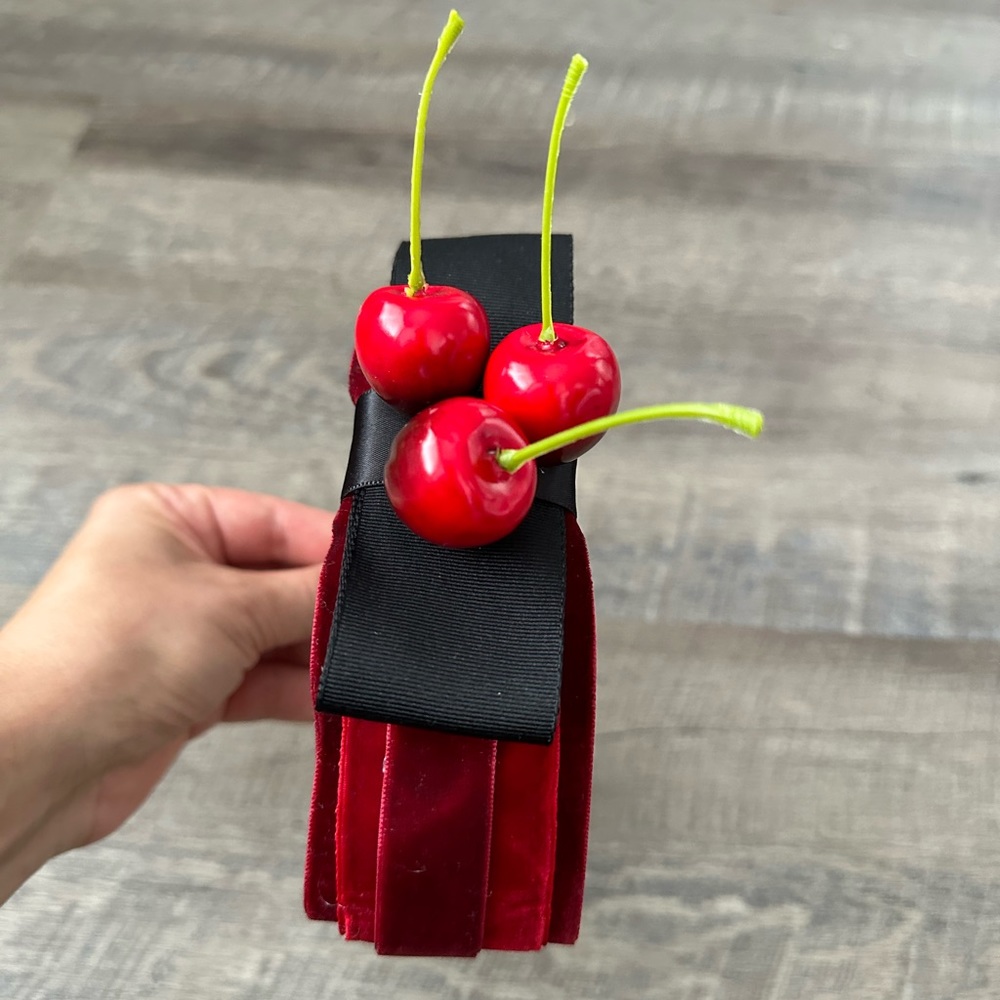 Handmade Designer Fascinator Headband Cherries Red Black Velvet Bow - Picture 15 of 15
